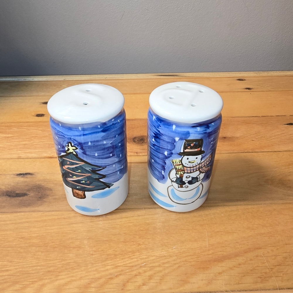 Hand Painted Ceramic Snowman Christmas Tree Salt and Pepper Shakers Set MCM - Picture 2 of 6